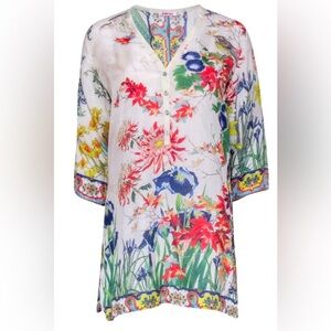Johnny Was Women's White Tunic Nature Floral Bird Colorful Size XS